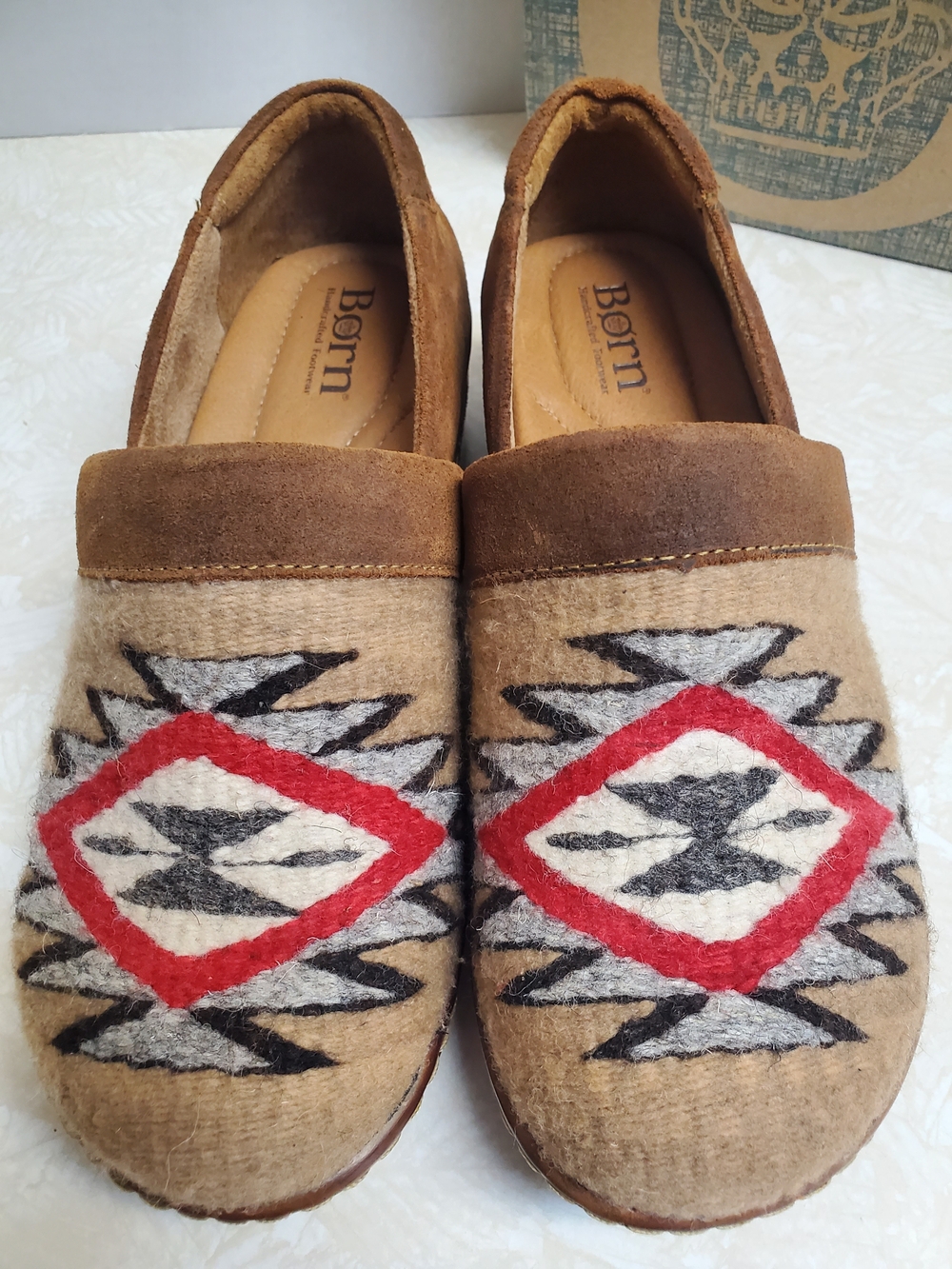 Born Brown Suede & Tan Aztec Knit Slip-On Clogs with Red Accent - Picture 2 of 5
